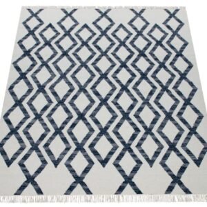 Handwoven Modern Lattice Kilim Rug – Navy on Ivory