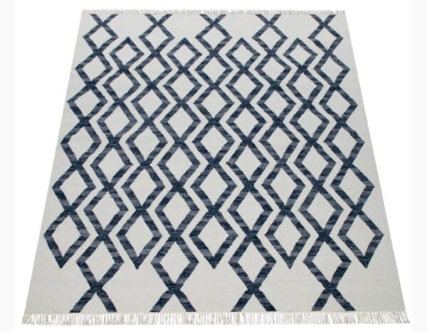 Handwoven Modern Lattice Kilim Rug – Navy on Ivory