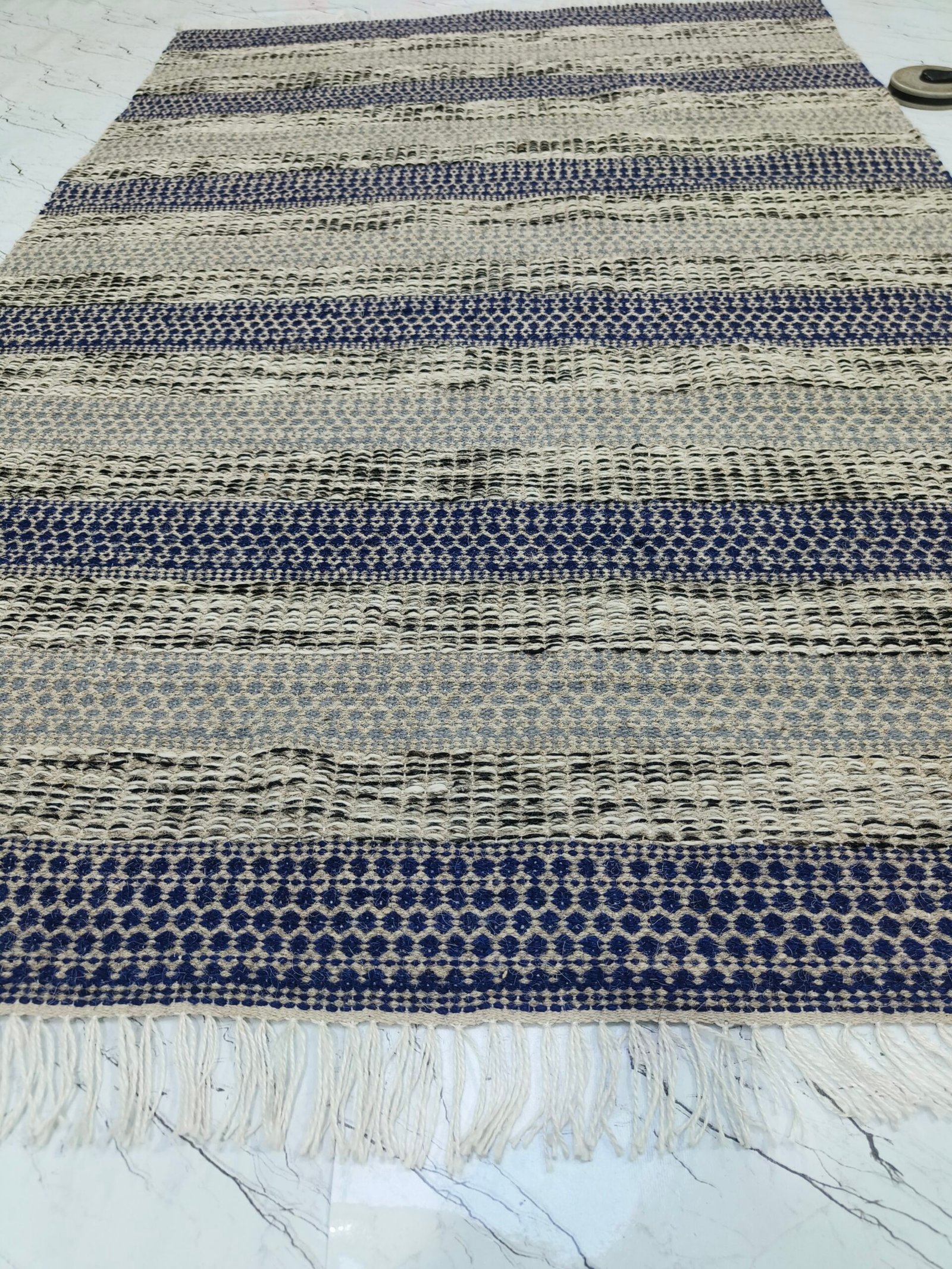 Handwoven Striped Rug – Natural & Indigo - Image 3