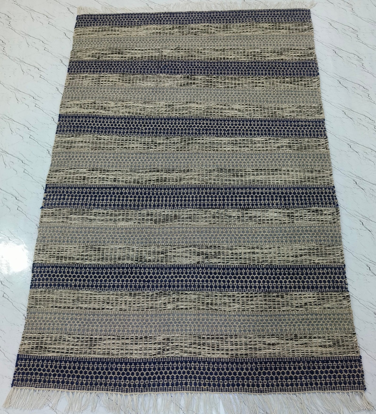 Handwoven Striped Rug – Natural & Indigo - Image 5