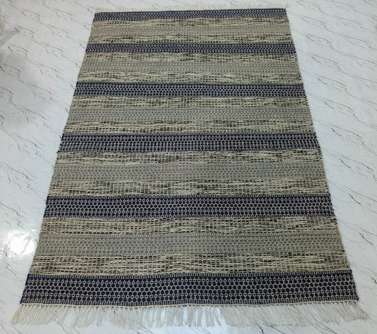 Handwoven Striped Rug – Natural & Indigo