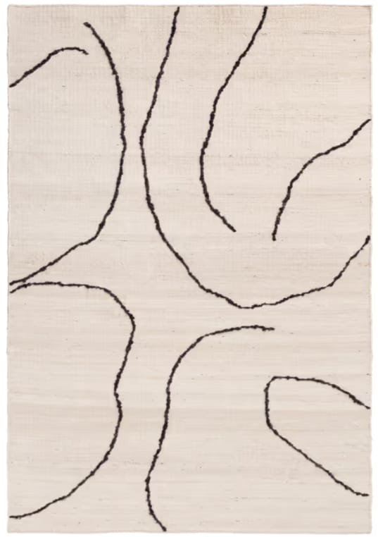 Gesso Jute Rug Modern Abstract Line Art Rug – Handwoven Jute Area Carpet in Neutral Off-White & Dark Fig